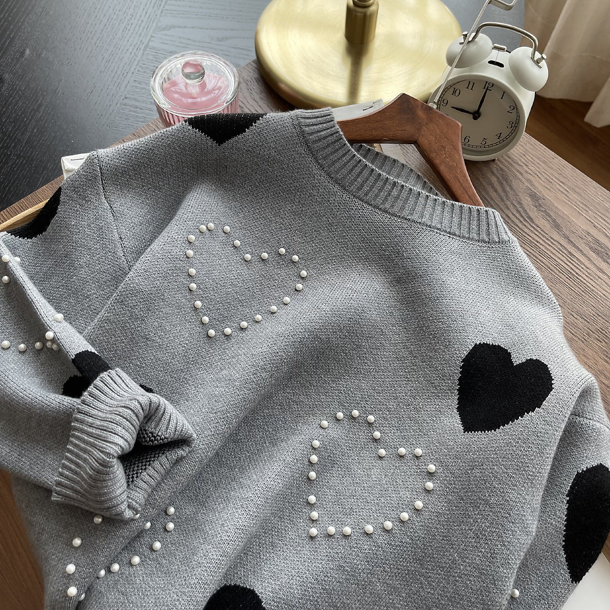 Women's Stylish Loose Round Neck Pearl Peach Heart Long Sleeve Sweater